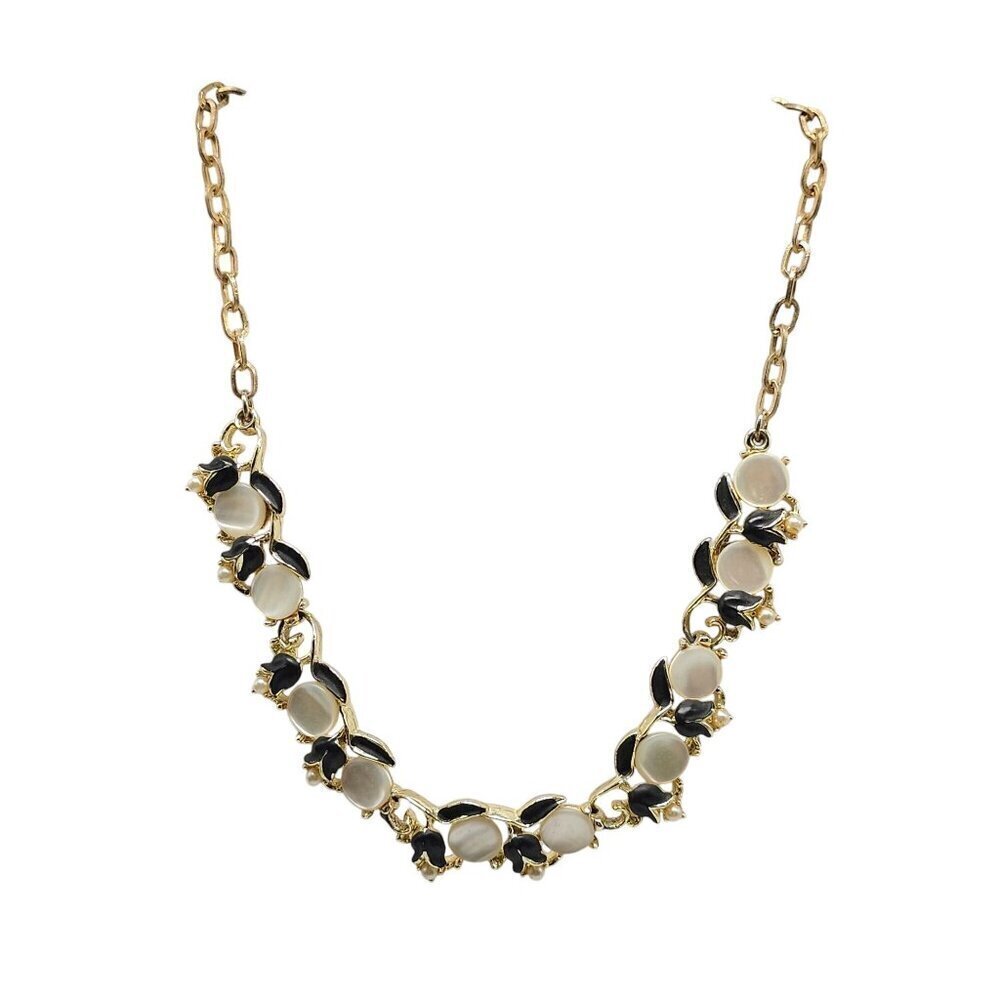 Vintage Gold Tone Necklace With Black Enamel White MOP Floral Design